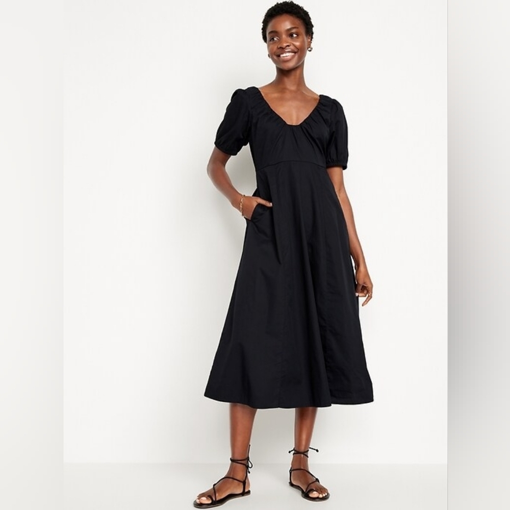 Old Navy Black Short Puff-Sleeve Midi Swing Dress- M Tall